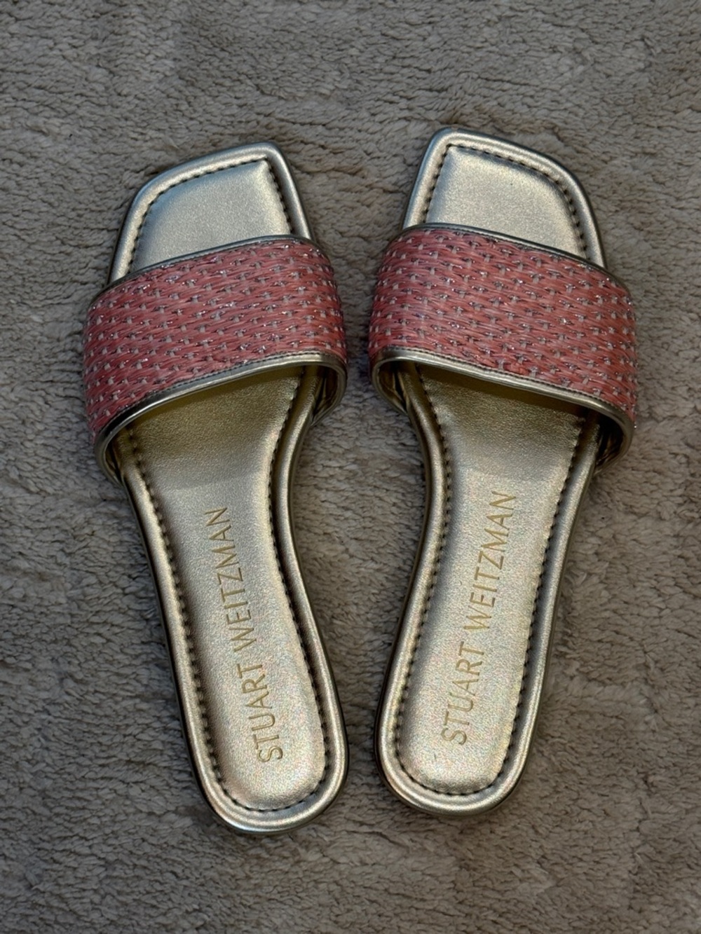 Stuart Weitzman Pink Woven Metallic Slide Sandals